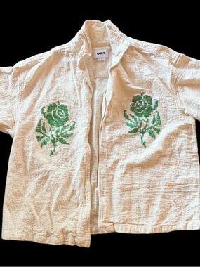 OBEY washed heavy gauze button shirt with Rose Embroidered Embellishment New S